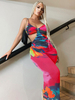 Robes Maxi Sans Manches Rose Floral Imprimé Bretelles Cou Découpe Dos Nu Robe De Longueur Au Sol En Polyester