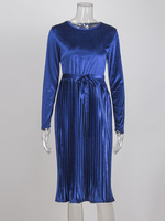 Robes Mi-Longues Femmes Patineuses en Velours à Col Rond avec Manches Longues Coupe Cintrée à Lacets Bas Evasée Unicolore