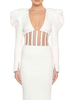 Robes moulantes blanc col en V plissé Sexy manches longues Robe crayon