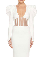 Robes moulantes blanc col en V plissé Sexy manches longues Robe crayon