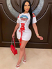 Robes moulantes Blanc imprimé manches courtes à lacets Jewel Neck Layered Sexy Midi Dress Robe fourreau