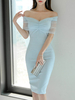 Robes moulantes bleu ciel clair col bateau polyester sexy longueur genou robe crayon