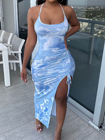 Robes moulantes bleu ciel clair imprimé floral sans manches sexy col en U robe ajustée robe fourreau