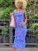Robes moulantes Bleu Floral Imprimé Sans Manches Tuyauterie Décontractée Bretelles Cou Dos Nu Robe Fourreau