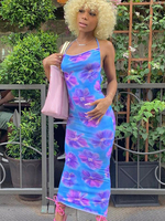Robes moulantes Bleu Floral Imprimé Sans Manches Tuyauterie Décontractée Bretelles Cou Dos Nu Robe Fourreau