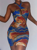 Robes Moulantes Bleu Imprimé Motif Sans Manches Passepoilée Décontractée Robe Fourreau Halter