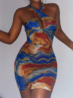 Robes Moulantes Bleu Imprimé Motif Sans Manches Passepoilée Décontractée Robe Fourreau Halter