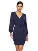 Robes Moulantes Bleu Marine Col En V Lacets Asymétrique Décontracté Manches Longues Robe Crayon