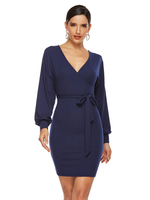 Robes Moulantes Bleu Marine Col En V Lacets Asymétrique Décontracté Manches Longues Robe Crayon