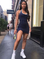 Robes moulantes bleu profond licou sans manches découpé dos nu robe ajustée robe fourreau sexy