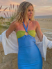 Robes moulantes bleues bicolores sans manches plissées licou cordon de serrage sexy robe ajustée robe fourreau