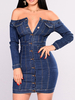 Robes moulantes bleues en denim épaules dénudées manches longues boutons robe fourreau courte pour femme