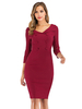 Robes moulantes bordeaux col en V boutons demi-manches bureau robe mi-longue robe crayon sexy