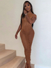 Robes Moulantes Café Marron Manches Courtes Plissée Casual Jewel Neck Stretch Sheer Sheer Dress