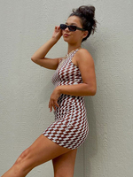 Robes moulantes café marron motif à carreaux col bijou passepoil superposé décontracté sans manches robe crayon