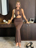 Robes moulantes café marron sans manches découpé sexy bijou cou robe fourreau robe fourreau