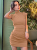 Robes Moulantes Courte Kaki Col Haut Chic Manches Courtes Robe Crayon