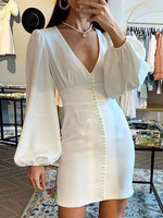 Robes Moulantes Courtes à Col V avec Manches Longues Amples Sexy Coupe Cintrée Unicolore Robes Etés Sexy