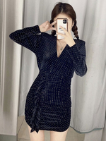 Robes Moulantes Courtes en Velours Femmes Cousu les Paillettes àCol V avec Manches Longues Coupe Cintrée avec Volants Unicolore
