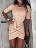 Robes Moulantes Courtes Etés Sexy Femmes avec Manches Mi-longues à Col Rond Coupe Cintrée à Lacets Unicolore