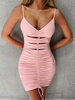 Robes Moulantes Courtes Femmes avec Bretelles à Col Décolleté en V Coupe Cintrée à Lacets en Plis Unicolore Robes Etés Sexy