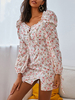 Robes Moulantes Courtes Femmes Imprimés les Fleurs à Col Carré à Lacets avec Manches Longues Amples Coupe Cintrée Bicolores