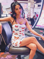 Robes Moulantes Courtes Femmes Imprimés les Papillons avec Epaules Nues Coupe Cintrée Sexy