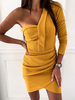 Robes Moulantes Courtes Femmes Sexy en Plis avec Manche Longue Epaule Dénudée Coupe Cintrée Unicolore