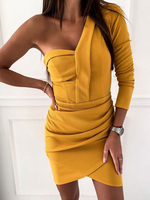 Robes Moulantes Courtes Femmes Sexy en Plis avec Manche Longue Epaule Dénudée Coupe Cintrée Unicolore