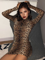 Robes Moulantes Courtes Imprimés Léopards à Col Montant avec Manches Longues Coupe Cintrée Bicolores Sexy