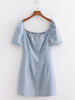 Robes Moulantes en Denim Femmes à Col Carré avec Manches Amples Coupe Cintrée Décors avec Boutons Unicolore