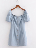 Robes Moulantes en Denim Femmes à Col Carré avec Manches Amples Coupe Cintrée Décors avec Boutons Unicolore