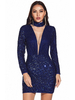 Robes Moulantes en Paillettes Courtes à Col Montant avec Manches Longues Coupe Cintrée Ouvert sur Devant Unicolore Sexy