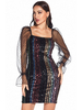 Robes Moulantes en Paillettes Courtes Cousu en Dentelles Imprimés les Pois à Col Carré avec Manches Longues Amples Transparentes Coupe Cintrée Multicolores Sexy