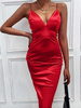 Robes Moulantes en Satins avec Bretelles à Col Décolleté en V Coupe Cintrée Unicolore avec Dos Nu Sexy