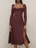 Robes Moulantes en Soie Synthétique à Col Décolleté en V avec Manches Longues Coupe Cintrée Fente Latérale Bas Evasée Unicolore
