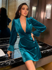 Robes Moulantes en Velours à Col Décolleté en V avec Manches Longues Amples avec Volantes Coupe Cintrée Uncolore
