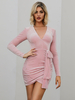 Robes Moulantes en Velours Femmes Courtes à Col V avec Manches Longues Coupe Cintrée à Lacets Unicolore Sexy