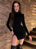 Robes Moulantes Epaulé à Col Montant avec Manches Longues Coupe Cintrée avec Fente Unicolore Robe Sexy Robe Fourreau