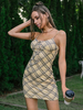 Robes Moulantes Etés en Carreaux Femmes avec Bretelles à Col Décolleté en V à Lacets avec Dos Nu Coupe Cintrée Bicolores Sexy