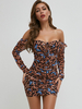 Robes moulantes femme café marron imprimé fleuri manches longues bohème col bateau robe fourreau