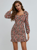 Robes moulantes femme imprimé floral bordeaux col carré bohème manches longues robe crayon
