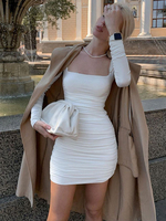 Robes Moulantes Femmes à Col Carré avec Manches Longues Coupe Cintrée Unicolore Sexy