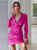 Robes Moulantes Femmes à Col V avec Manches Longues Coupe Cintrée Unicolore Sexy