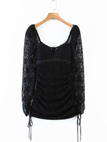 Robes Moulantes Femmes à Col V avec Manches Longues Transparentes en Dentelles Coucu en Velours Courtes à Lacets Unicolore