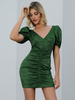 Robes Moulantes Femmes Courte Imprimés en Satins à Col Décolleté en V avec Manches Courtes Amples Coupe Cintrée Sexy