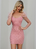 Robes Moulantes Femmes Courtes à Col Carrré avec Manches Longues Imprimés Transparentes Coupe Cintrée Bicolores Sexy