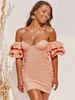 Robes Moulantes Femmes Courtes à Col Décolleté en V avec Epaules Nues avec Manches Courtes Volantes Coupe Cintrée Unicolore Sexy