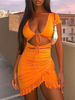Robes Moulantes Femmes Courtes à Col Décolleté en V avec Manches Courtes Coupe Cintrée à Lacets Bas avec Volants Unicolore Sexy
