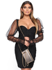 Robes Moulantes Femmes Courtes à Col Décolleté en V avec Manches Longues Amples Transparentes Coupe Cintrée Unicolore Sexy